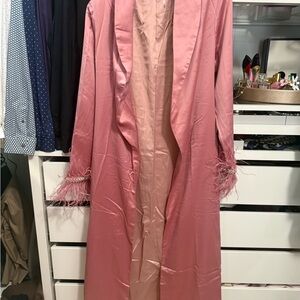 Naked wardrobe Silk-Feel Feather Trim Long Pink Robe coat